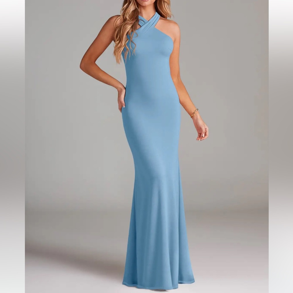 Azazie Elegant Blue Halter Maxi Dress